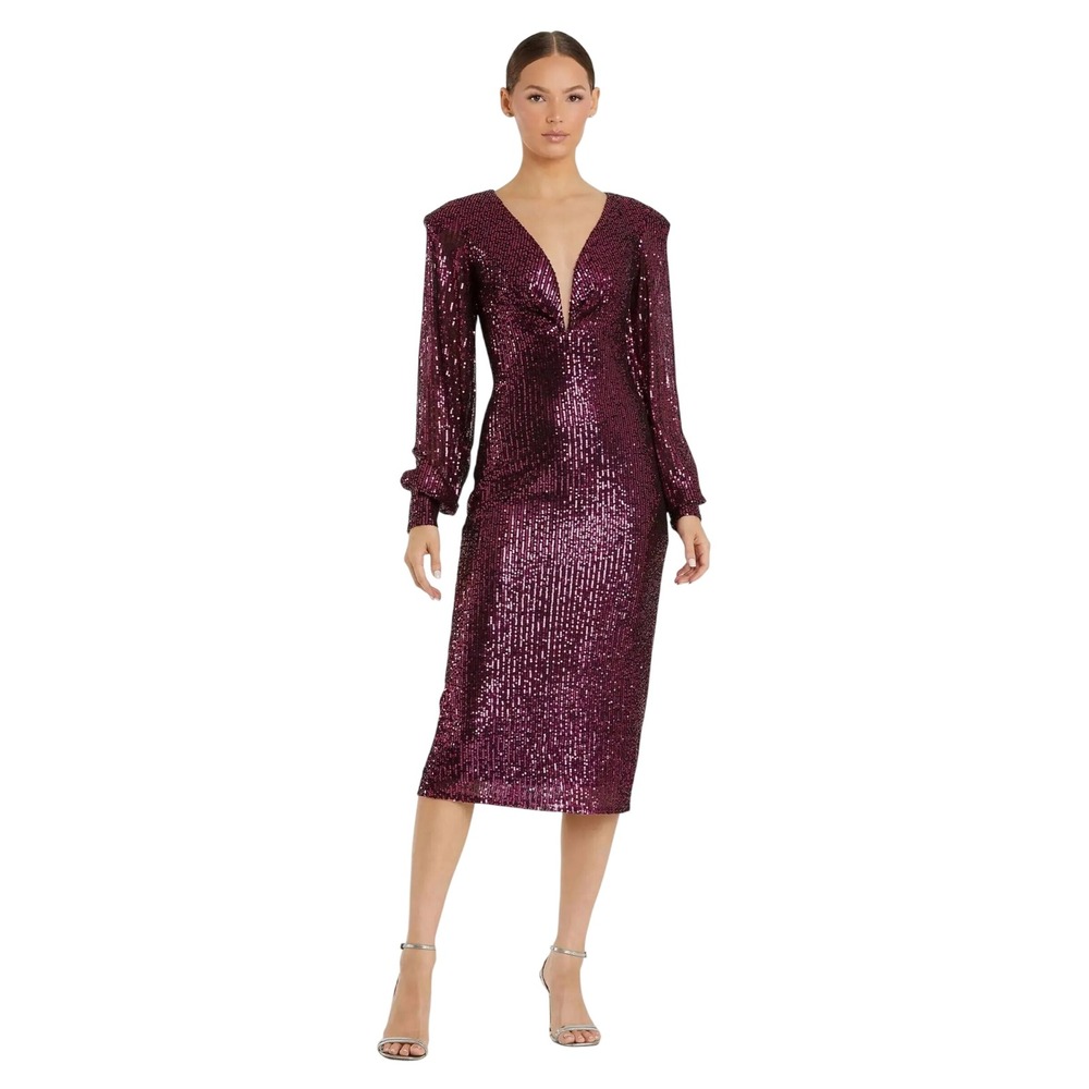 Mac Duggal 26866 Sequin V-Neck Bishop Sleeve Midi Dress Burgundy